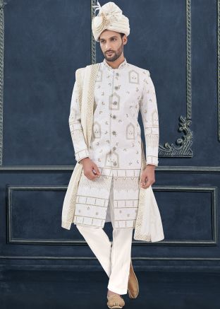 White Embroidered Men Silk Sherwani Set