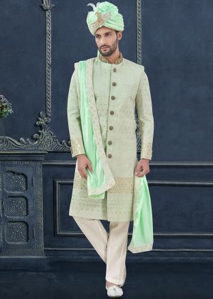 Mint Green Embroidered Silk Sherwani Set For Men