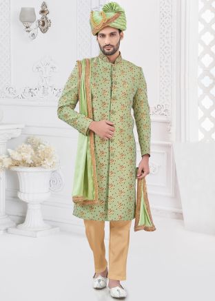 Green Jacquard Woven Sherwani Set For Men