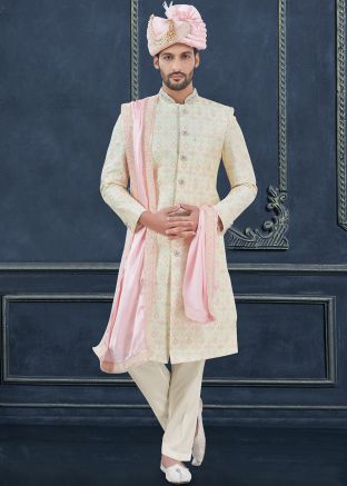 Readymade Cream Silk Embroidered Sherwani Set