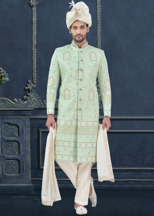 Readymade Green Embroidered Sherwani Set
