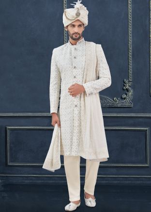Readymade White Sequins Embellished Sherwani Set