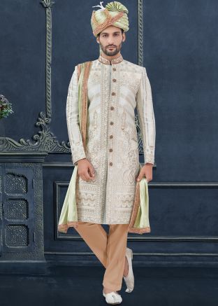 Off White Zari Woven Jacquard Sherwani Set