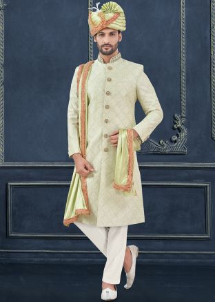 Readymade Pastel Green Embroidered Sherwani Set