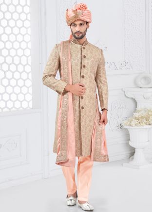 Readymade Beige Woven Silk Men Sherwani Set