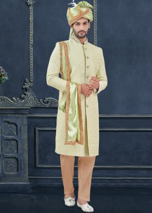 Readymade Green Embroidered Sherwani Set