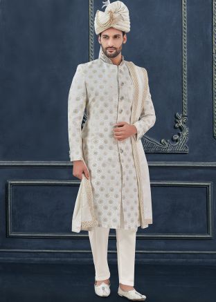 White Sequins Embellished Georgette Sherwani Set