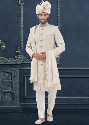 Off White Embellished Georgette Sherwani Set