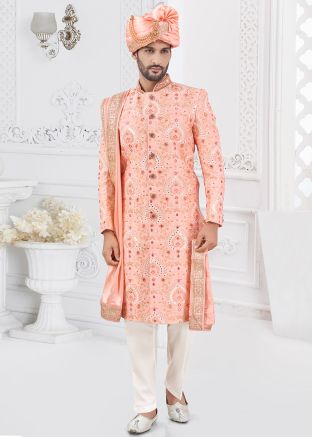 Orange Embroidered Sherwani Set For Men