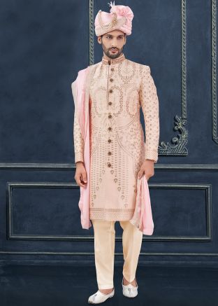 Peach Woven Readymade Sherwani Set For Men