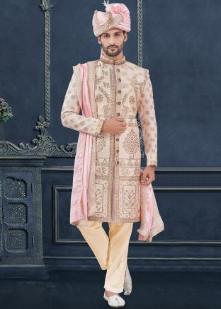 Light Pink Readymade Woven Sherwani Set