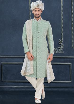 Sky Blue Embroidered Silk Sherwani Set
