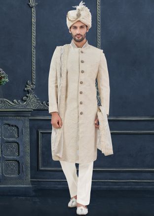 Off White Embroidered Men Georgette Sherwani Set