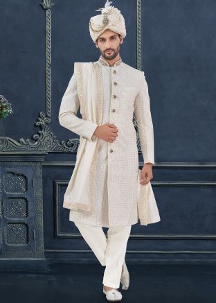 White Georgette Sequins Embellished Sherwani Set