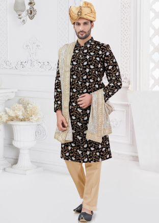 Black Zari Embroidered Sherwani Set For Men