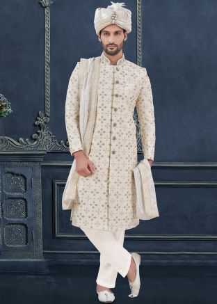 Cream Embroidered Sherwani Set For Men