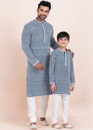 Blue Father & Son Embroidered Kurta Pajama