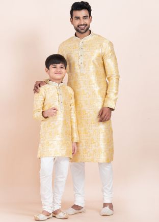 Readymade Golden Father & Son Woven Kurta Pajama