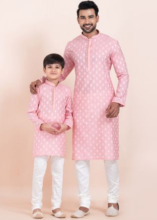 Readymade Pink Father & Son Woven Kurta Pajama