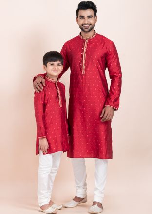 Readymade Red Father & Son Woven Kurta Pajama