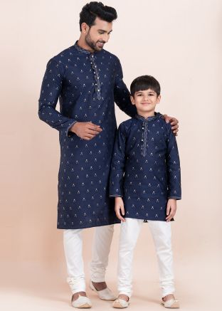 Navy Blue Father & Son Woven Kurta Pajama Set