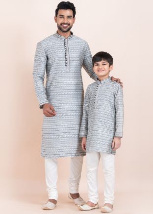 Grey Woven Father & Son Readymade Combo Set