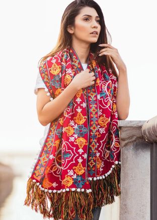 Red Embroidered Cotton Tasseled Stole