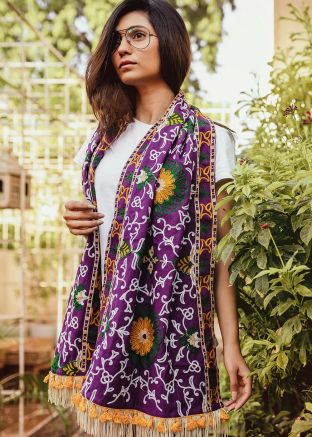 Purple Cotton Embroidered Stole