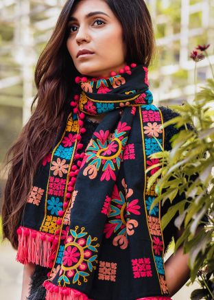 Black Cotton Embroidered Tasseled Stole