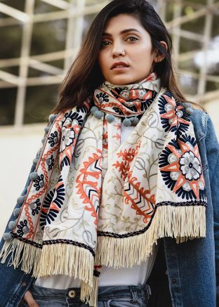 Off White Embroidered Cotton Tasseled Stole