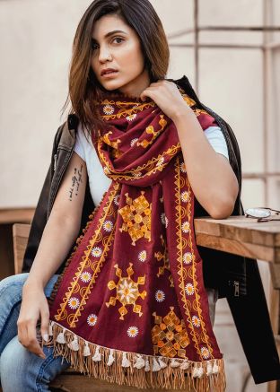 Maroon Cotton Embroidered Tasseled Stole