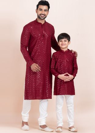 Maroon Embroidered Father & Son Combo Set