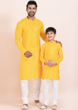 Yellow Embroidered Father & Son Kurta Pajama Set