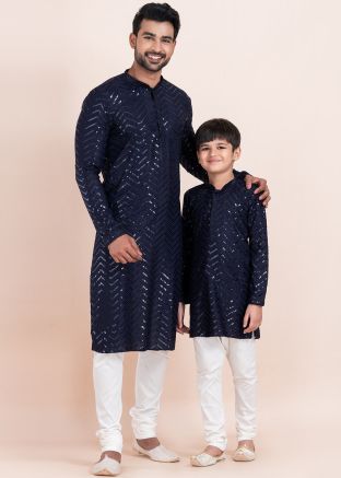 Navy Blue Embroidered Father & Son Kurta Pajama Set