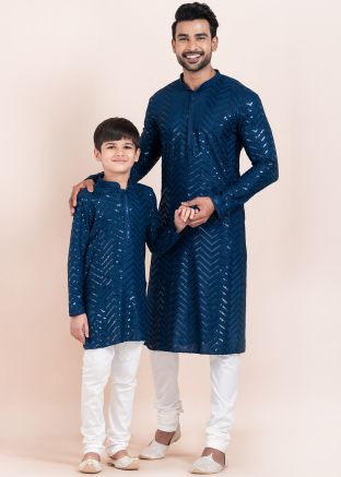 Blue Embroidered Father & Son Kurta Pajama Set