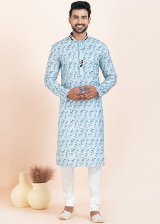 Readymade Blue Printed Cotton Kurta Pajama Set