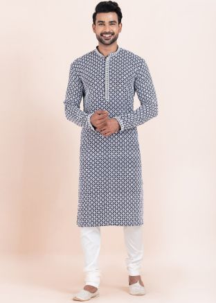Men Navy Blue Embroidered Kurta Pajama Set