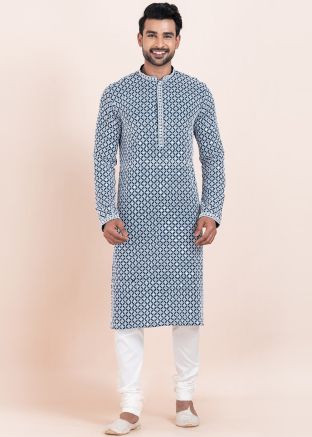 Readymade Blue Embroidered Kurta Pajama Set