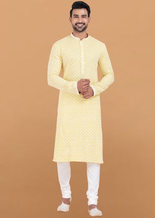 Yellow Embroidered Men Kurta Pajama In Rayon