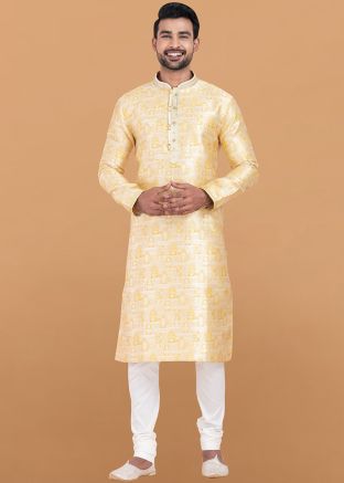 Readymade Yellow Woven Men Kurta Pajama