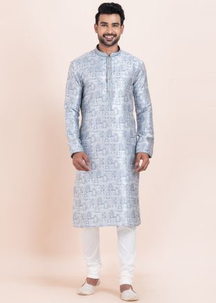 Readymade Grey Woven Men Kurta Pajama