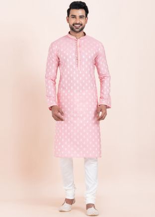 Readymade Pink Woven Kurta Pajama For Men