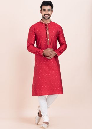 Red Woven Men Jacquard Kurta Pajama For Men