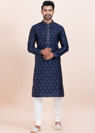 Navy Blue Woven Men Readymade Kurta Pajama