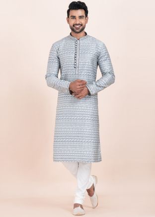 Readymade Grey Woven Kurta Pajama For Men