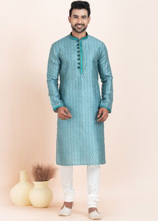 Blue Printed Men Kurta Pajama In Cotton