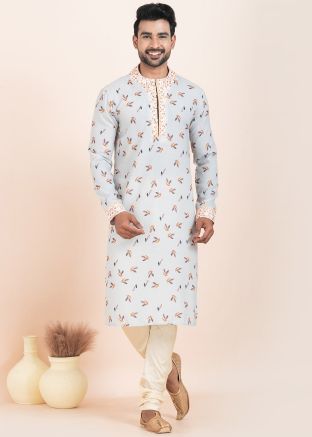 Grey Readymade Printed Cotton Kurta Pajama