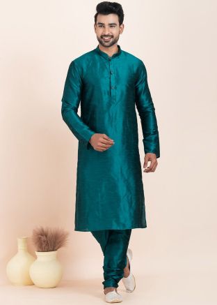Teal Green Dupion Silk Plain Kurta Pajama