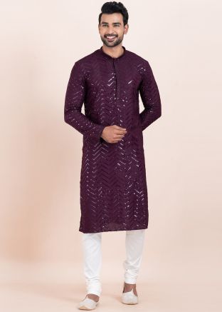 Purple Sequins Work Men Kurta Pajama