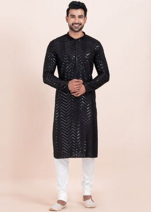 Black Sequins Embellished Men Kurta Pajama